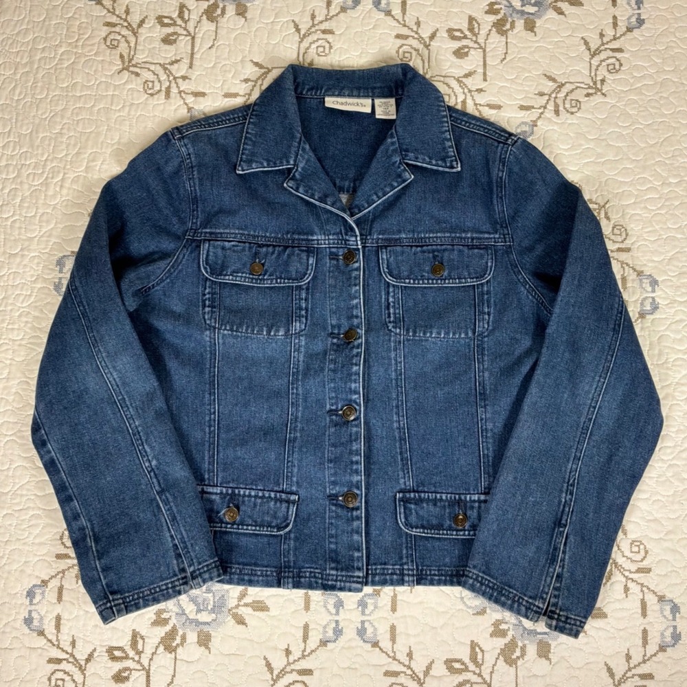 Chadwick's Y2K Denim Jacket Women 14P Blue Good Four Pocket Button Front